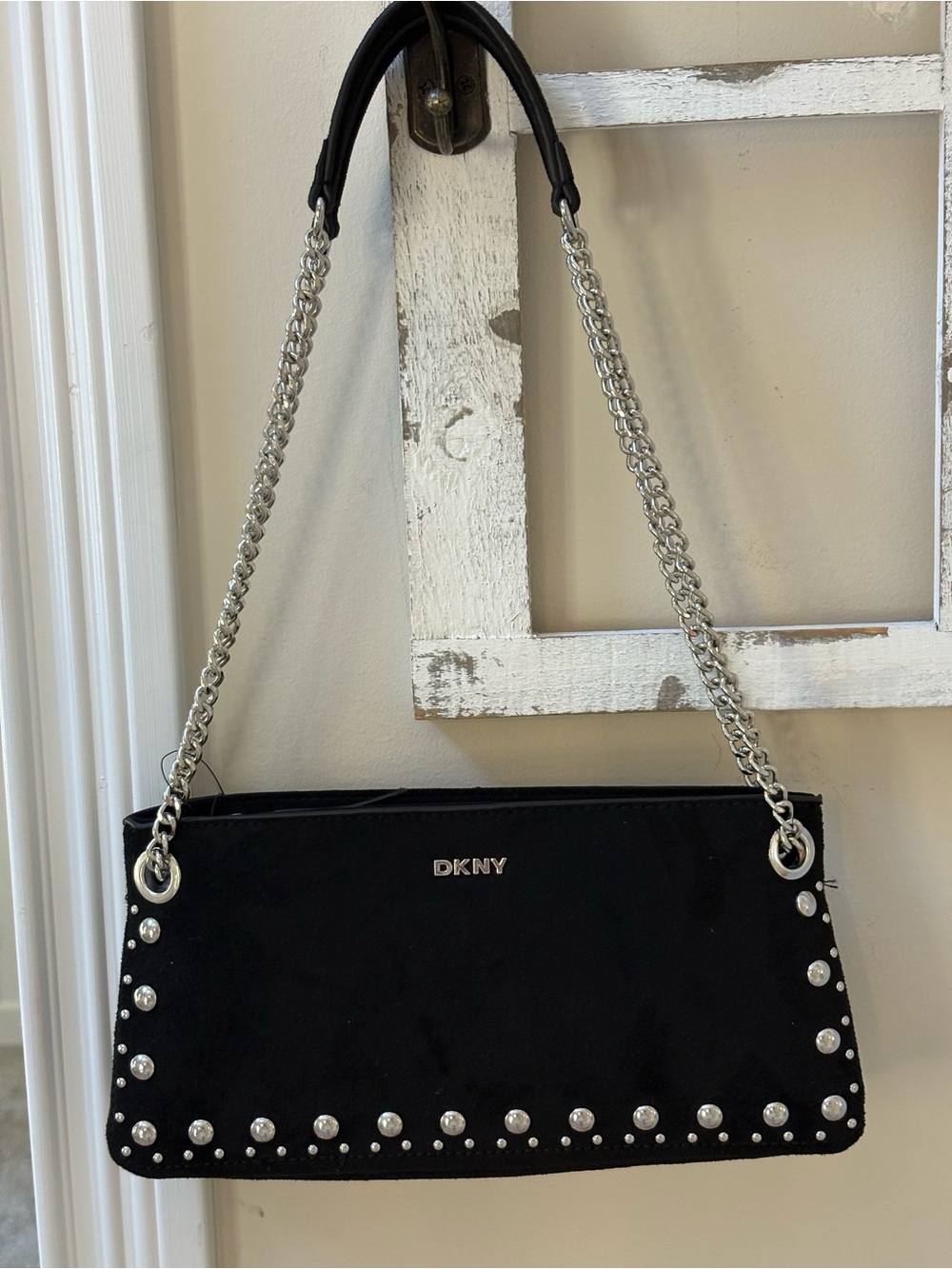 DKNY Black Studded Shoulder Bag with Chain Straps